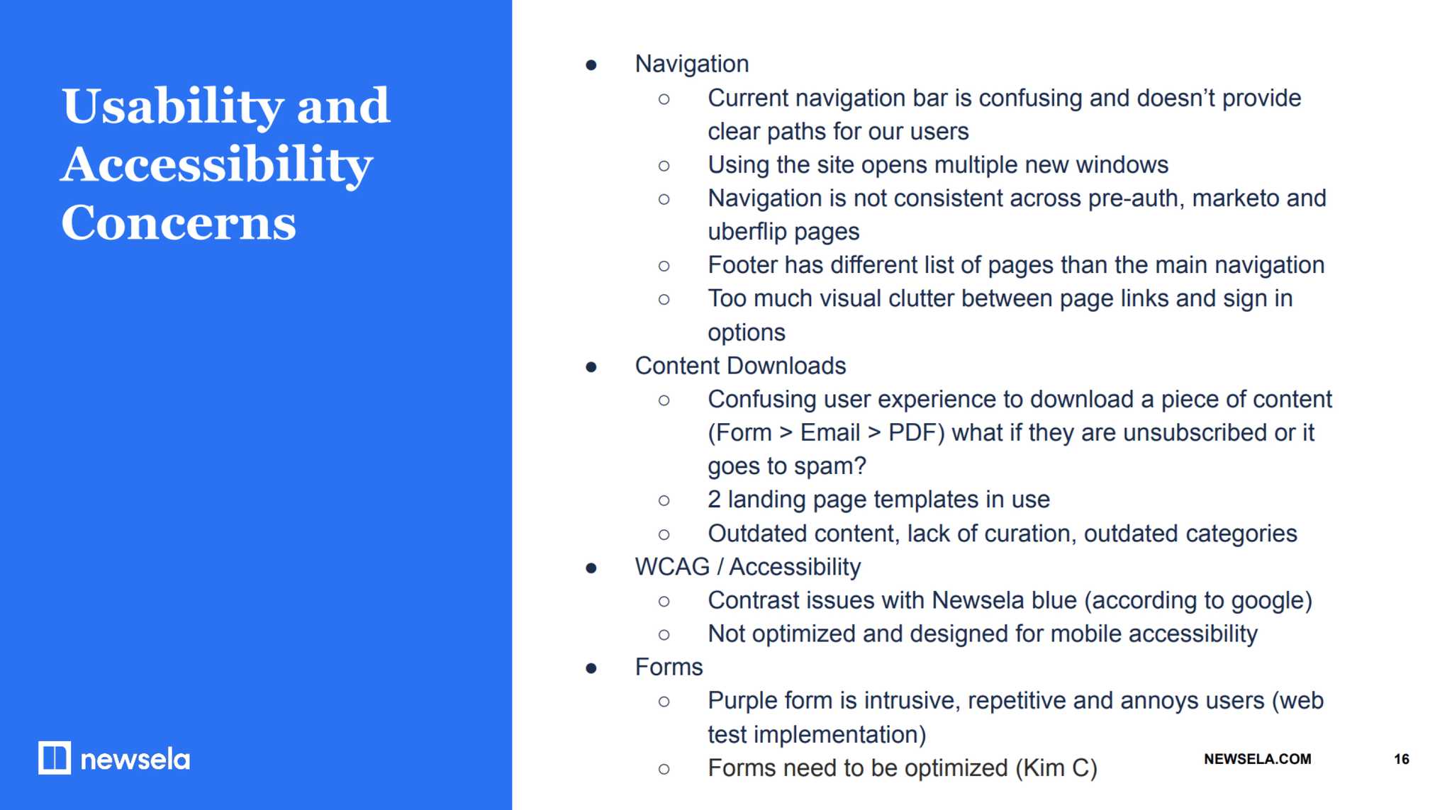 Usability and accessibility audit findings, including confusing navigation, inconsistent sub-site experiences, WCAG contrast issues, and forms that were too intrusive