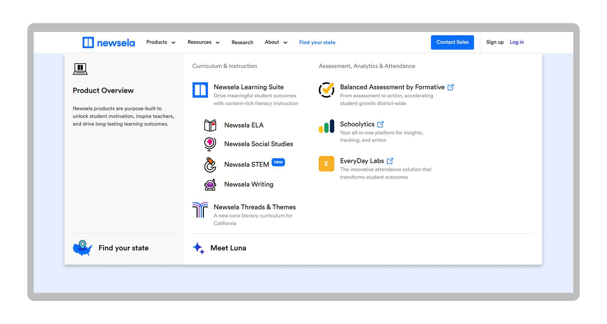 Redesigned mega menu navigation with Product Overview, Curriculum and Instruction, and Assessment Analytics and Attendance columns