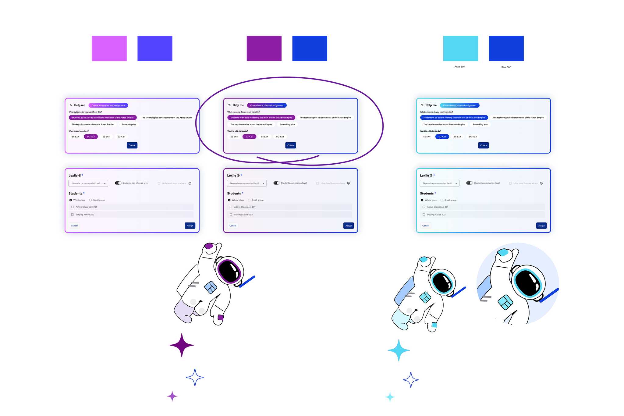 Color palette exploration testing several purple and blue gradient combinations for Luna, with the final direction circled