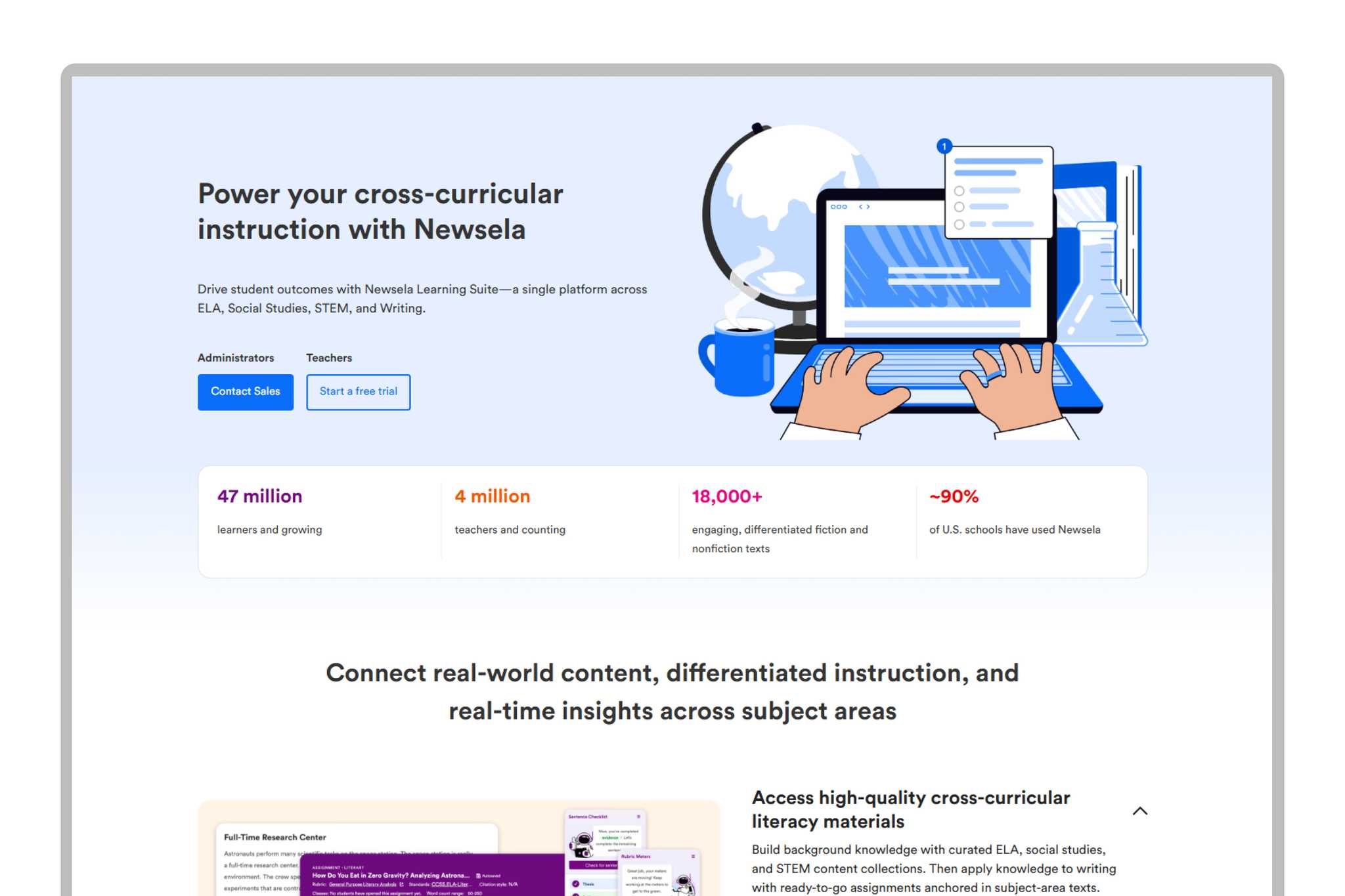 Newsela Learning Suite hero section reading "Power your cross-curricular instruction with Newsela," with stats on learners, teachers, texts, and school reach