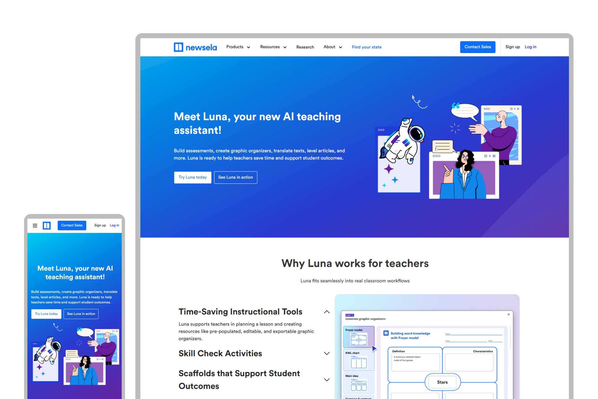 Luna product page wireframe for newsela.com/luna, including the hero section and the "Why Luna works for teachers" feature breakdown