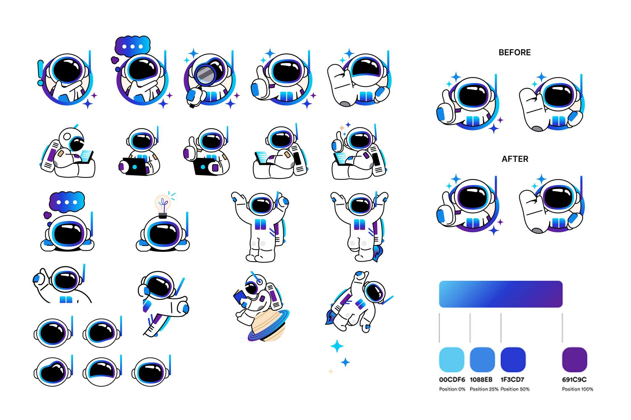 Luna results: icon and pose library, character rendering comparison, and final gradient stops