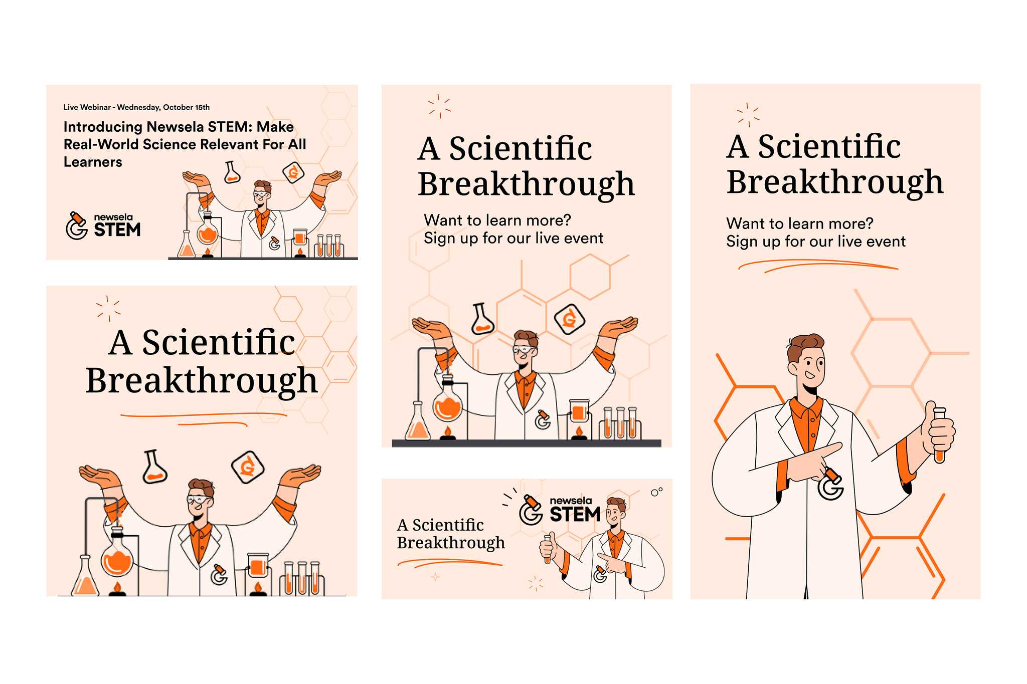 Newsela STEM launch marketing, including a webinar graphic and social graphics featuring Dr. Jeff, the recurring scientist from Generation Genius video content
