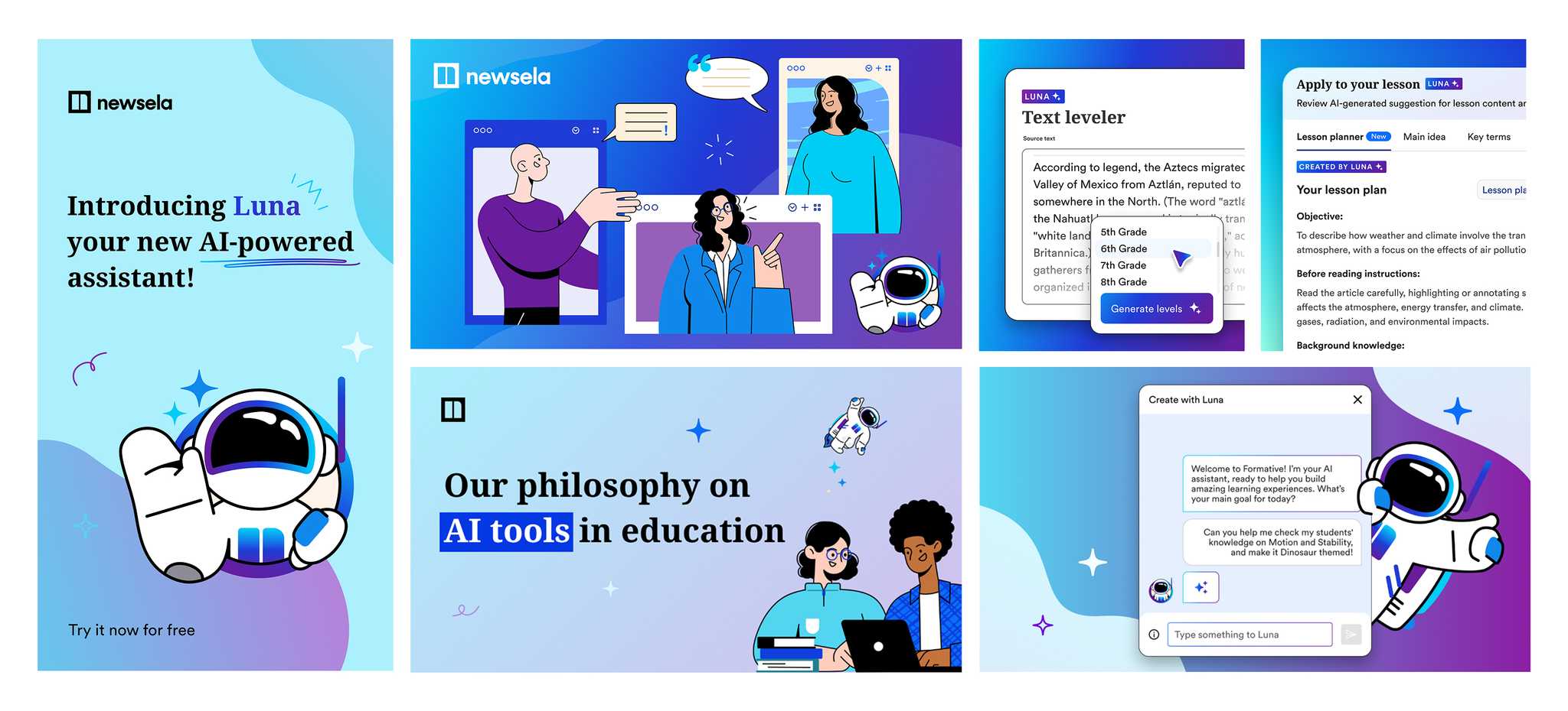 Marketing launch materials for Luna, including an announcement graphic, an AI philosophy statement, and product UI for the text leveler, lesson planner, and chat panel