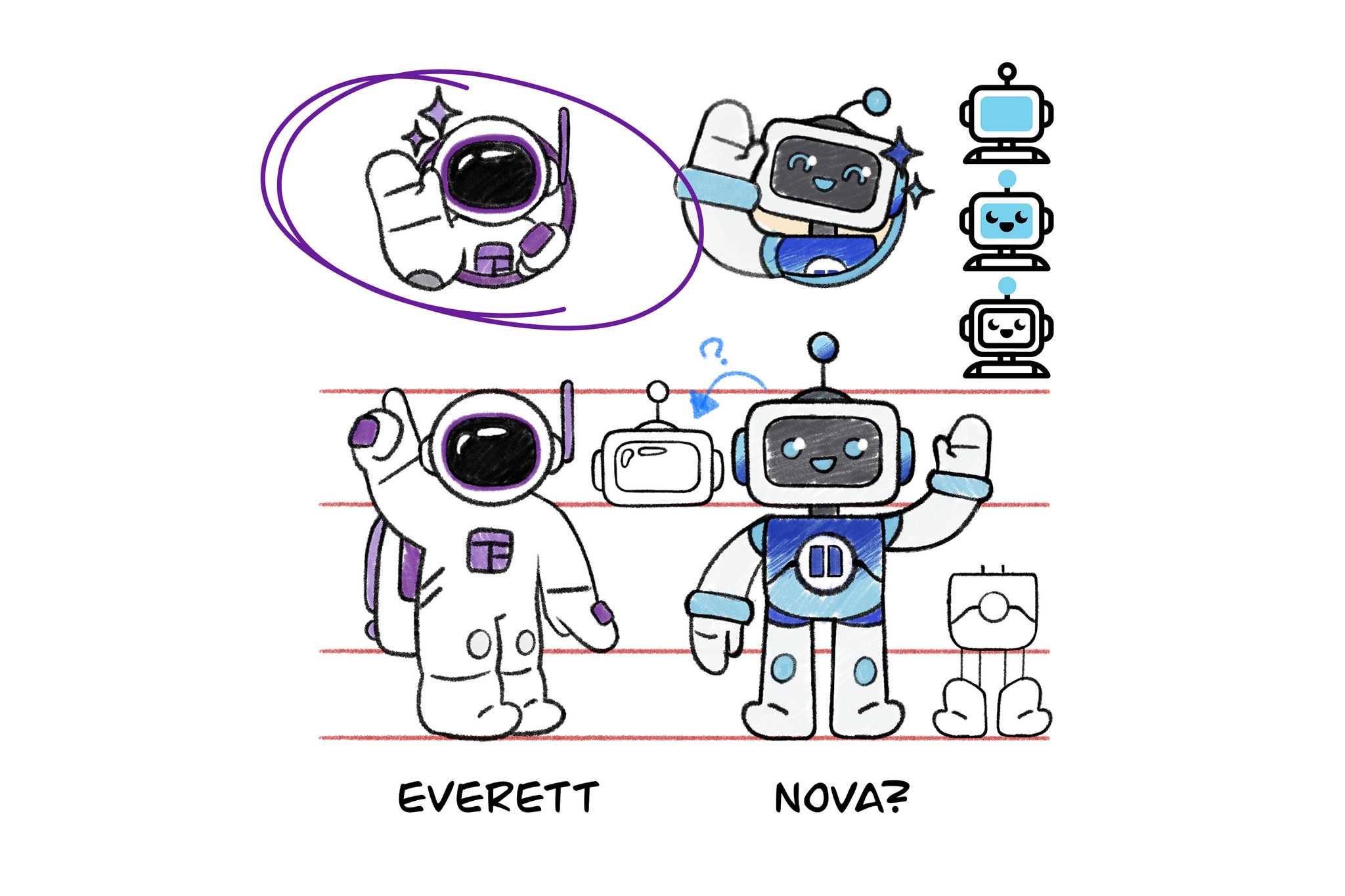 Character direction exploration comparing Everett, an astronaut, against Nova, a more traditional robot mascot