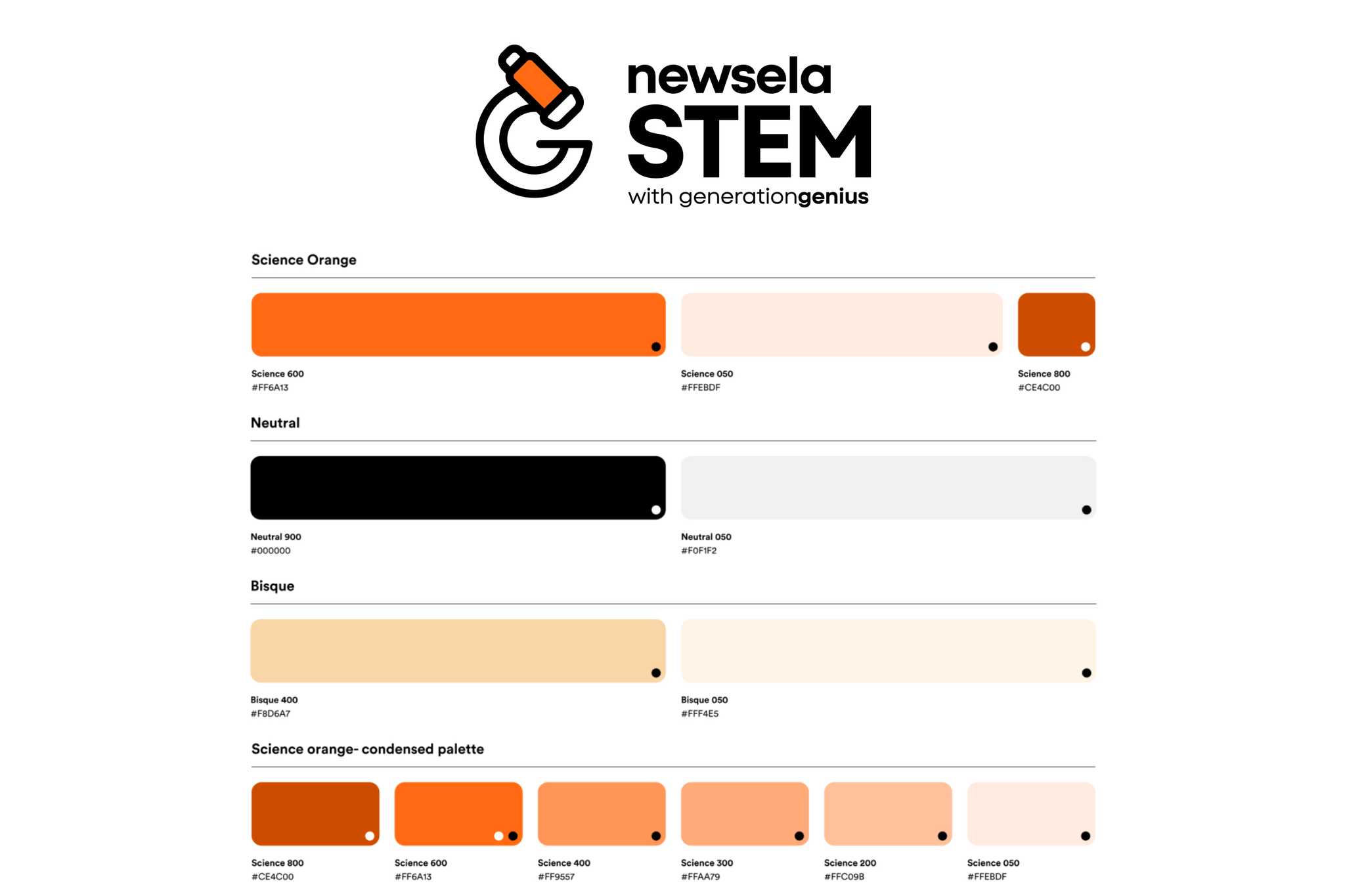 Newsela STEM color palette, including Science Orange in three shades plus a six step condensed ramp, alongside Neutral and Bisque