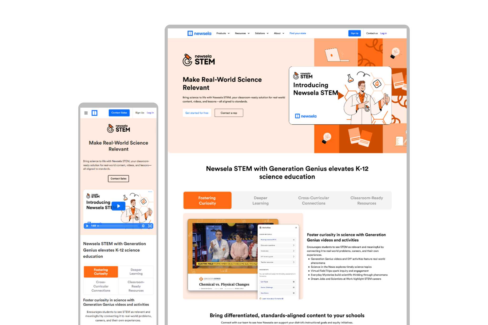Newsela STEM product page design, with a hero section and tabs for Fostering Curiosity, Deeper Learning, Cross-Curricular Connections, and Classroom-Ready Resources